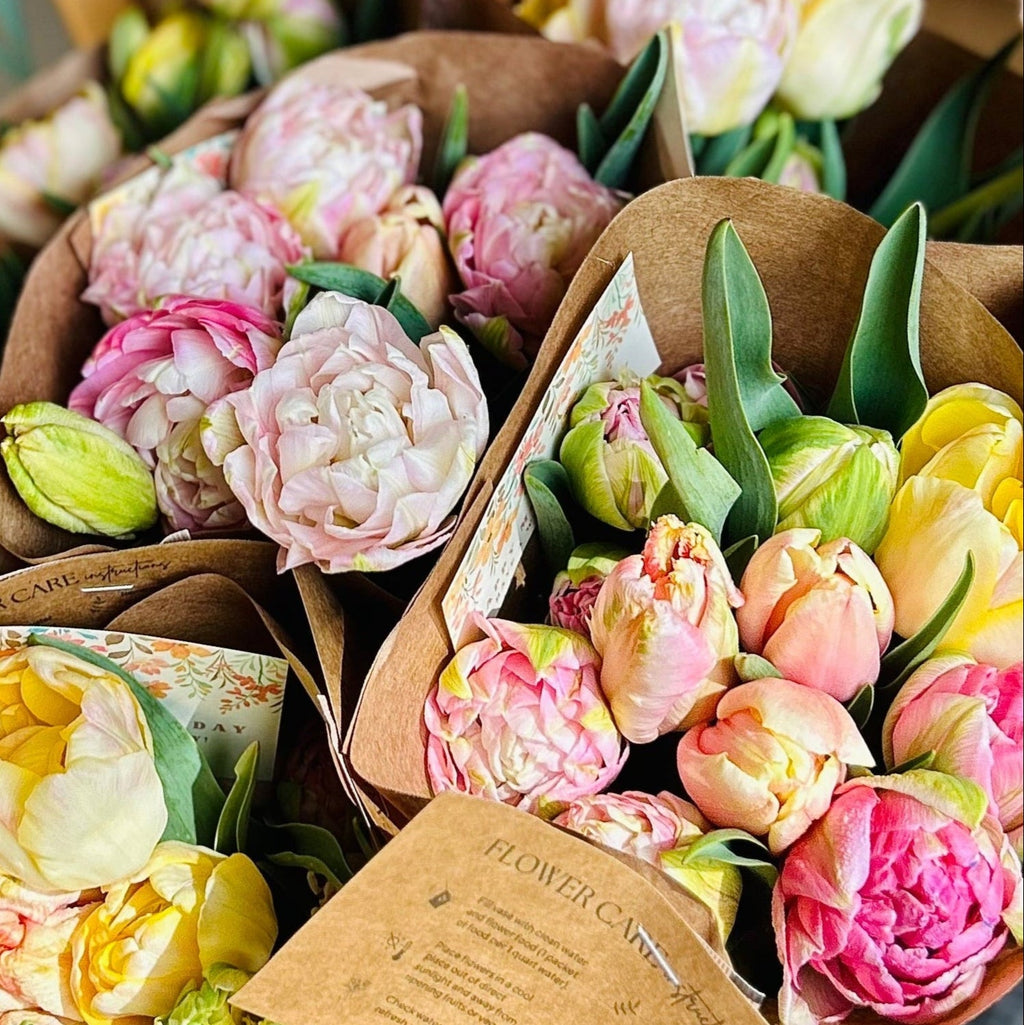 Bunches of fresh cut tulips in various colors including pink, yellow, and green, wrapped in brown paper with hand-tied ribbons.