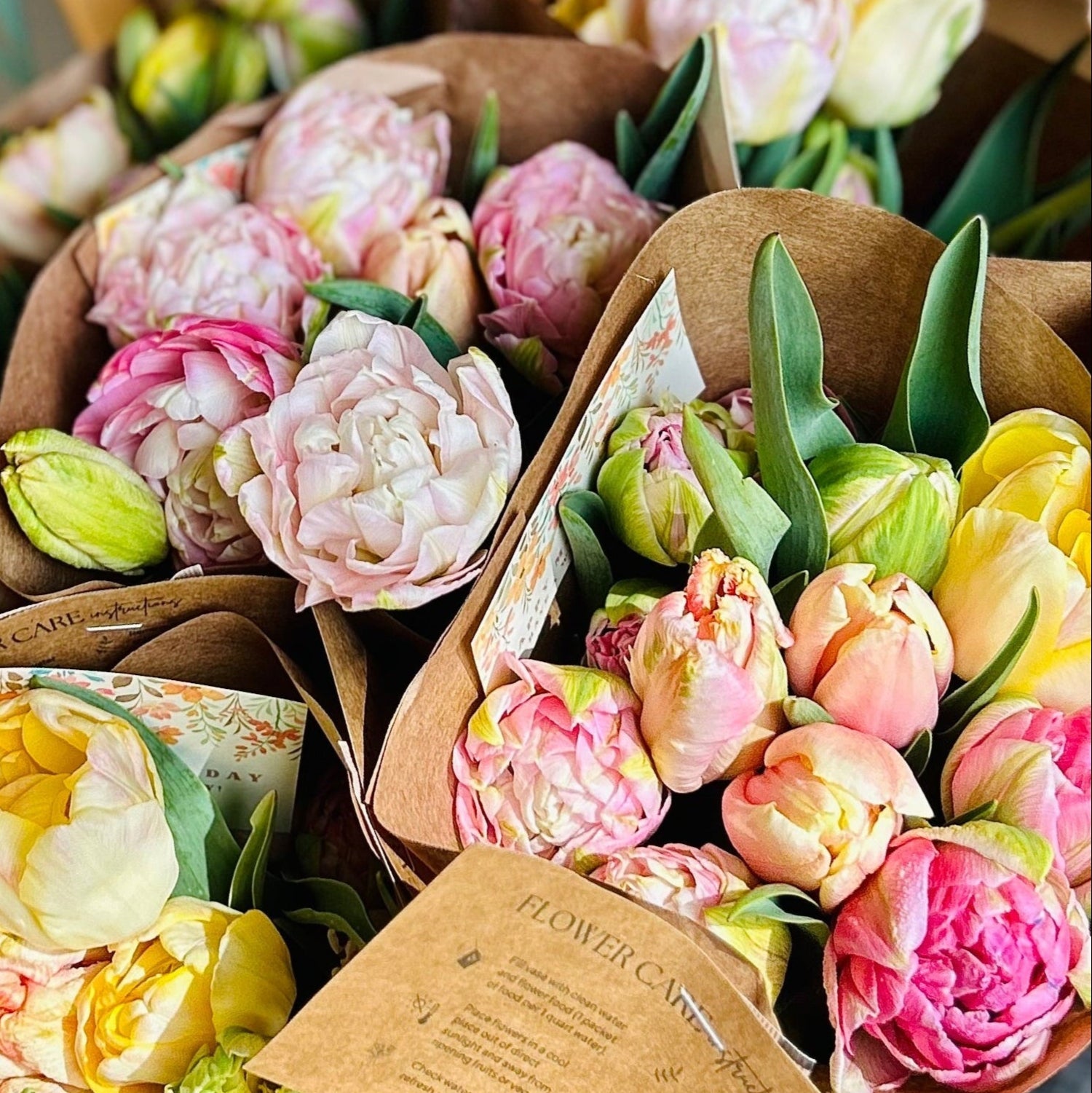 Bunches of fresh cut tulips in various colors including pink, yellow, and green, wrapped in brown paper with hand-tied ribbons.