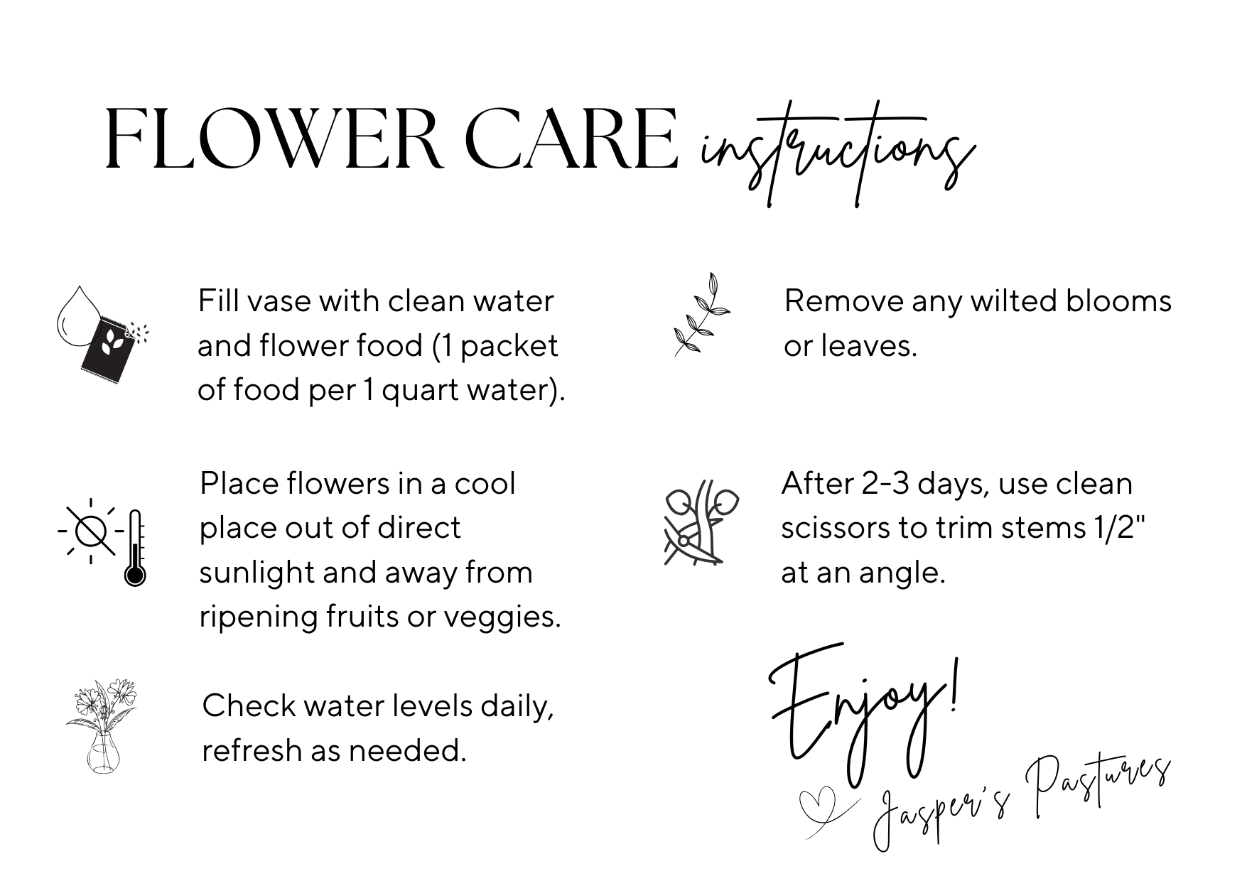 Flower care instructions with icons and text on a white background